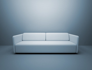 Single blue couch and blue blank wall 