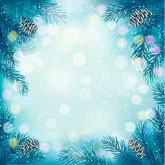 Fototapeta na wymiar Blue Christmas background with tree branches and snowflakes. Vec