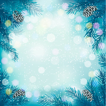 Blue Christmas background with tree branches and snowflakes. Vec
