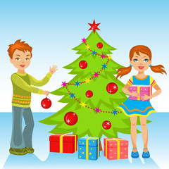 The  little girl and boy decorate the Christmas tree