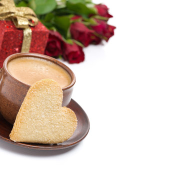 coffee, cookie in the shape of heart, gift and roses