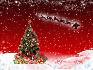 Santa Claus & Christmas tree on red background