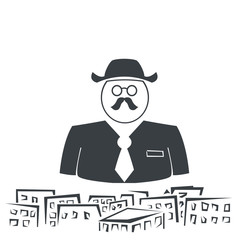 illustration of silhouette businessman with moustache above cit
