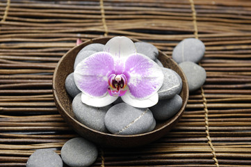 Fototapeta na wymiar Bowl of spa stone with orchid on mat