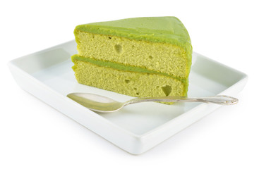 Green tea cake on white background