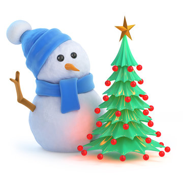 Blue snowman by the Christmas tree