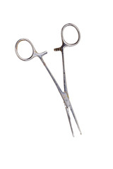 an old used medical clamp scissors, isolated on white
