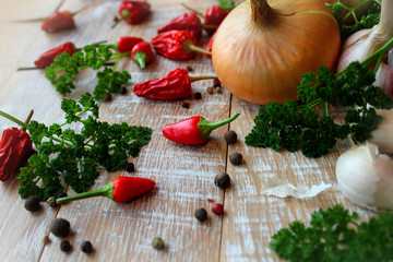 Herbs and spice on the wooden table