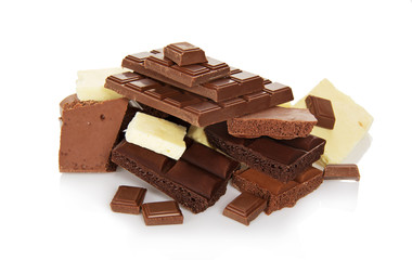Slices of black, white and milk chocolate