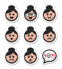 Grandma face, woman with bun hair vector icons set