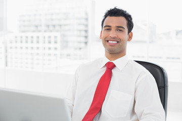 Smiling young businessman with laptop at office