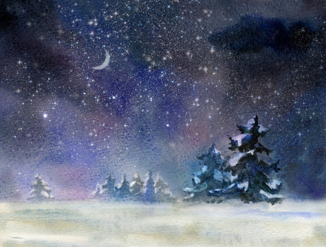 Night rural landscape at winter