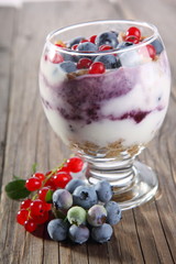 Yogurt with granola and blueberries 