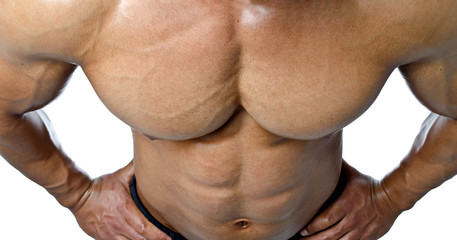 Muscular torso and pecs of male bodybuilder shot from above