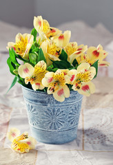 beautiful yellow flowers in a flower pot on a  table.