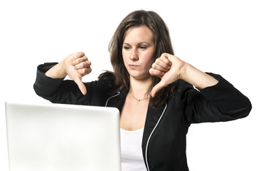 Woman in office with thumbs down