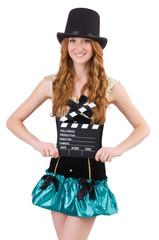 Young woman with movie board on white