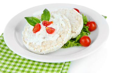 Tasty crispbreads with vegetables, isolated on white