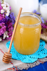 Fototapeta na wymiar Honey and milk on wooden table close-up