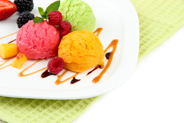 Delicious ice cream on plate close-up