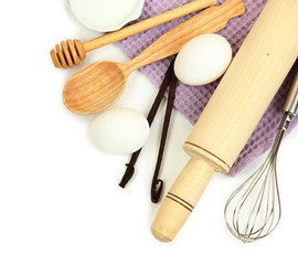 Cooking concept. Basic baking ingredients and kitchen tools