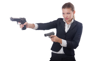 Woman businesswoman with gun on white