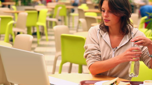 Brunette student studying and drinking water in canteen