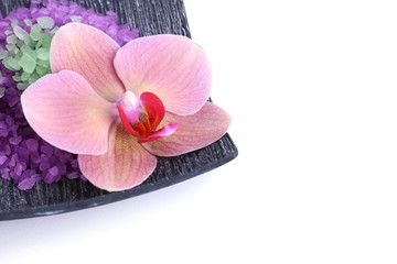 Obraz na płótnie Canvas Beautiful blooming orchid flower and heap of sea salt