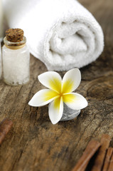 Fototapeta na wymiar flower with stone and salt in glass with towel on driftwood