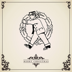 Postaman delivering big wreath. Christmas vector card.