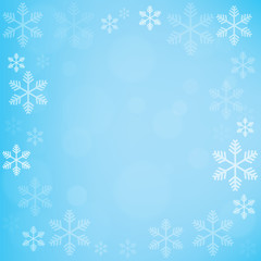 Decorative blue christmas background with bokeh lights and snowf