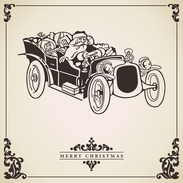 Santa Claus driving a car. Christmas card.