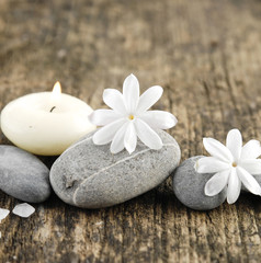 Fototapeta na wymiar grey stones and white spring flower, candle on old wood