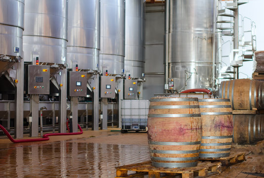 Wine manufacturing. Modern winery tanks.