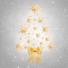 Christmas background - tree made of stars on silver background