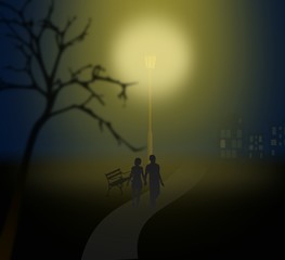 Couple walking at night under a lantern in misty park