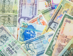 Mixed bank notes close up view