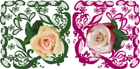 two rose flowers in curled ornament