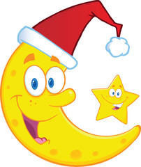 Crescent Moon With Santa Hat And Christmas Star Characters
