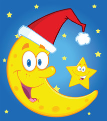 Crescent Moon With Santa Hat And Happy Christmas Star Characters