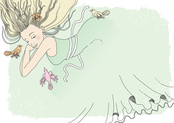 Birds wake young woman up - allegory of spring