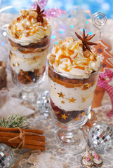 christmas dessert with gingerbread,whipped cream and caramel