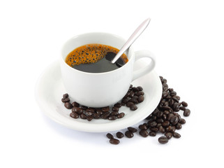 Cup of coffee and beans on white background.
