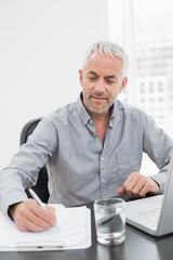 Businessman writing notes while using laptop at office desk