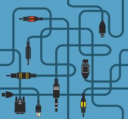 Different modern connection plugs and wires. Seamless background