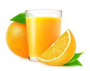 Isolated fruit drink. Glass of fresh juice and cut orange fruits isolated on white background