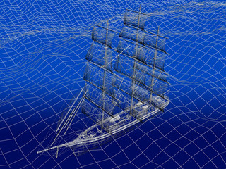 3D wireframe of Chinese Junk in ocean 