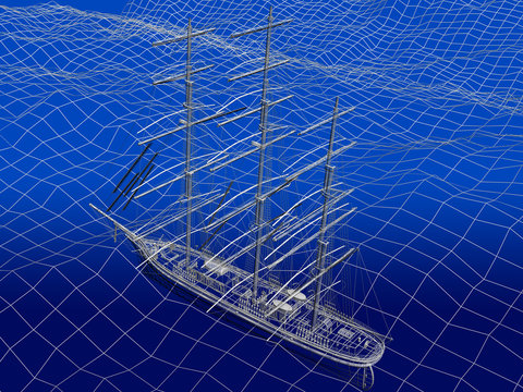 3D wireframe of Chinese Junk in ocean 
