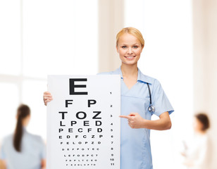 smiling female doctor or nurse with eye chart