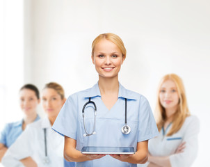 smiling female doctor or nurse with tablet pc